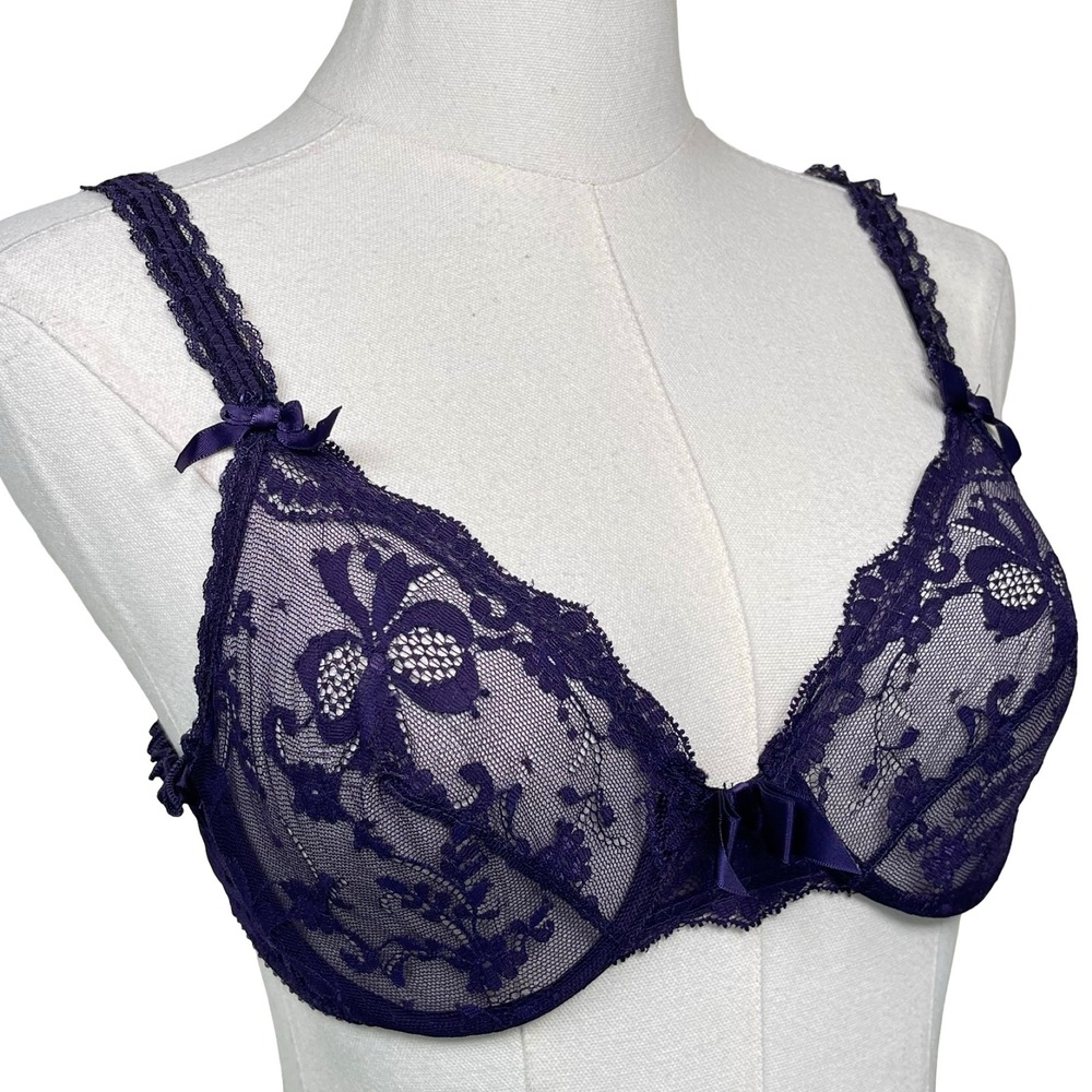 Victoria Secret Bra Gold Label Women 34B Purple Vintage Sheer Lace Floral Bows